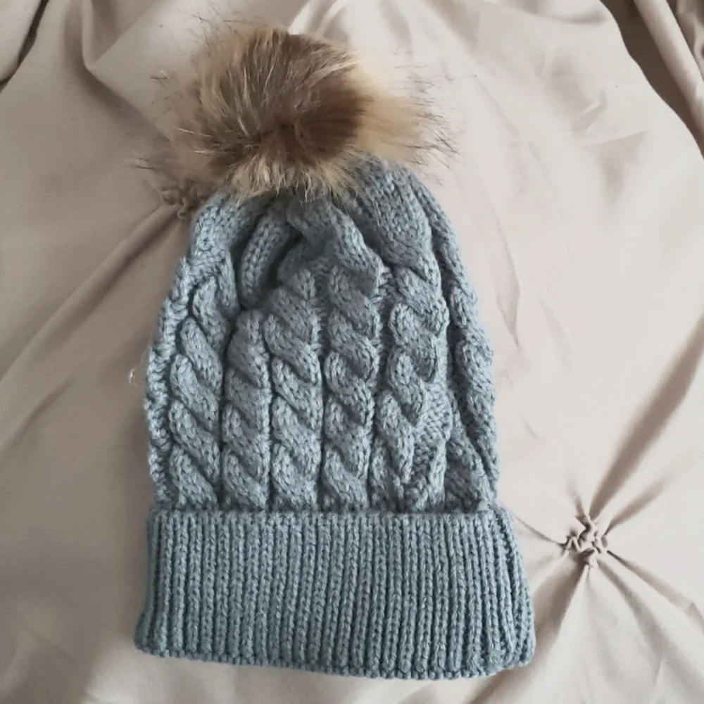Blue Gray Knit Baby Beanie with Faux Fur Pom